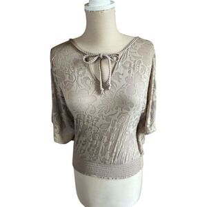Express‎ Floral Burnout Tie-Neck Dolman Top Beige Taupe Smocked Waist XS